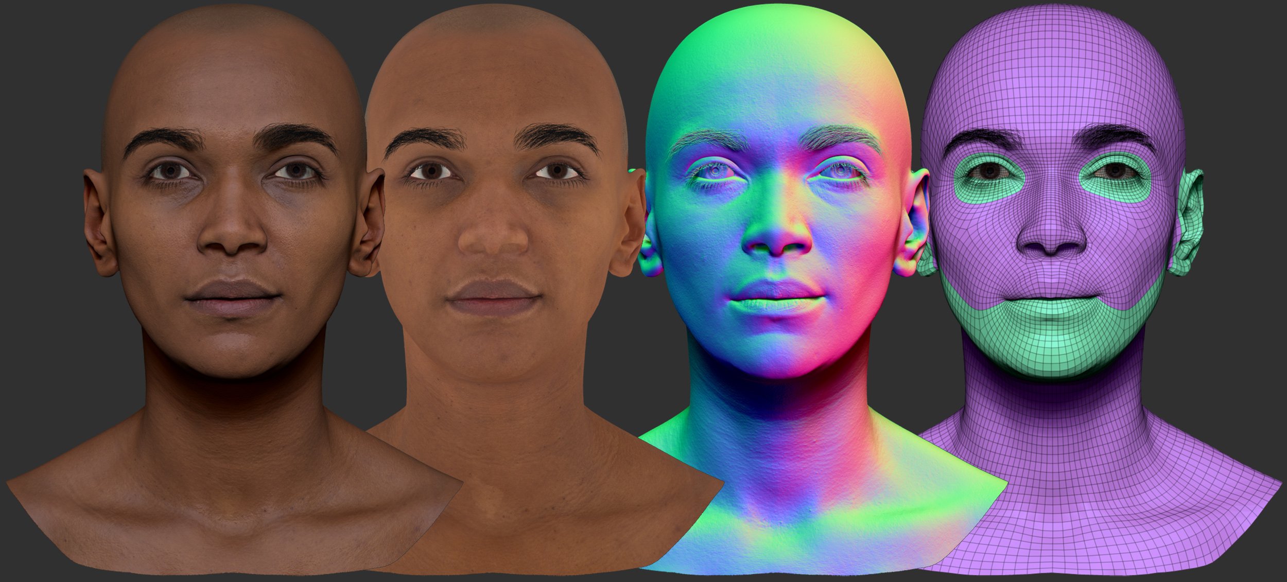 Face texture and normal maps with wireframe and uv maps